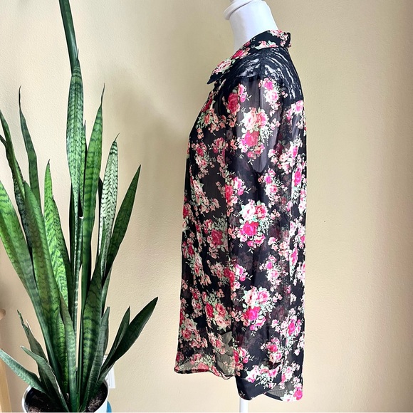 No Boundaries Black Floral Sheer Button Up Collared Blouse Shirt XL - Picture 5 of 8